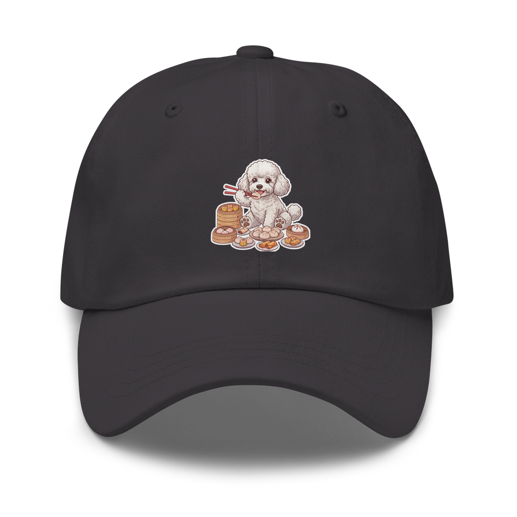 Dad hat: White poodle eating dim sum