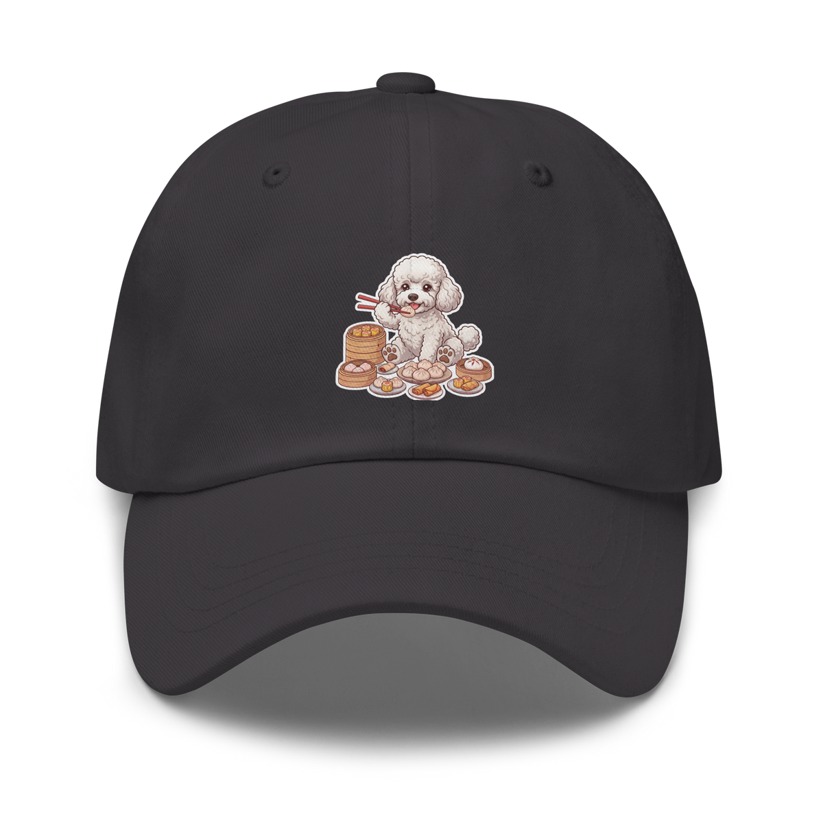 Dad hat: White poodle eating dim sum