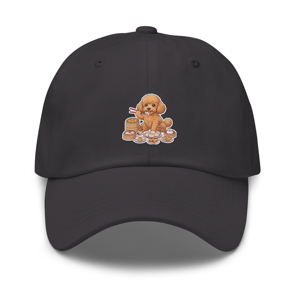 Dad hat: Golden poodle eating dim sum