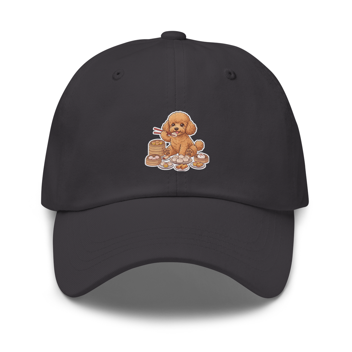 Dad hat: Golden poodle eating dim sum