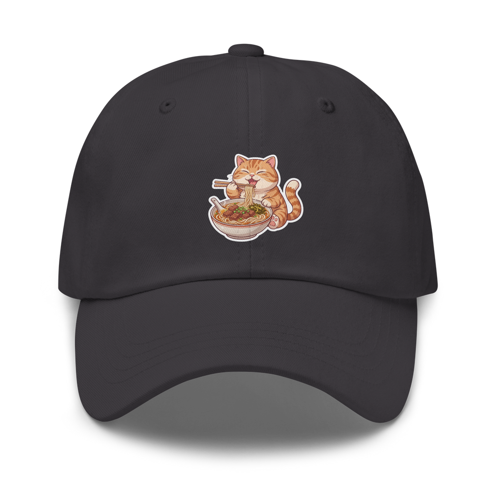 Dad hat: Orange cat eating noodles