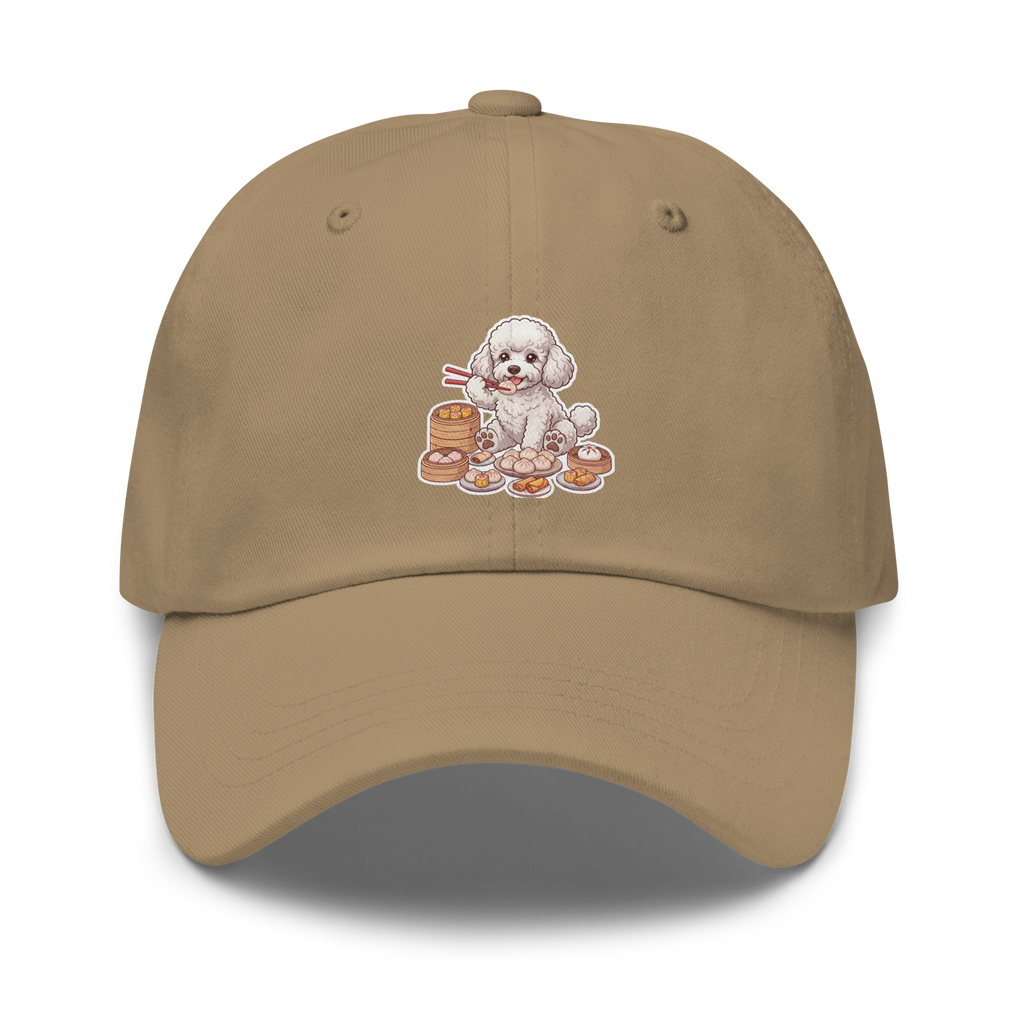 Dad hat: White poodle eating dim sum