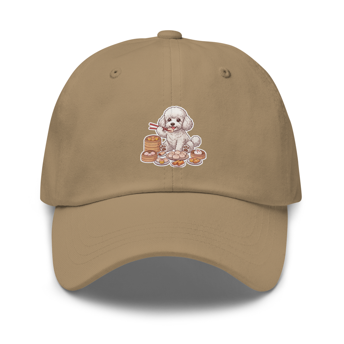 Dad hat: White poodle eating dim sum