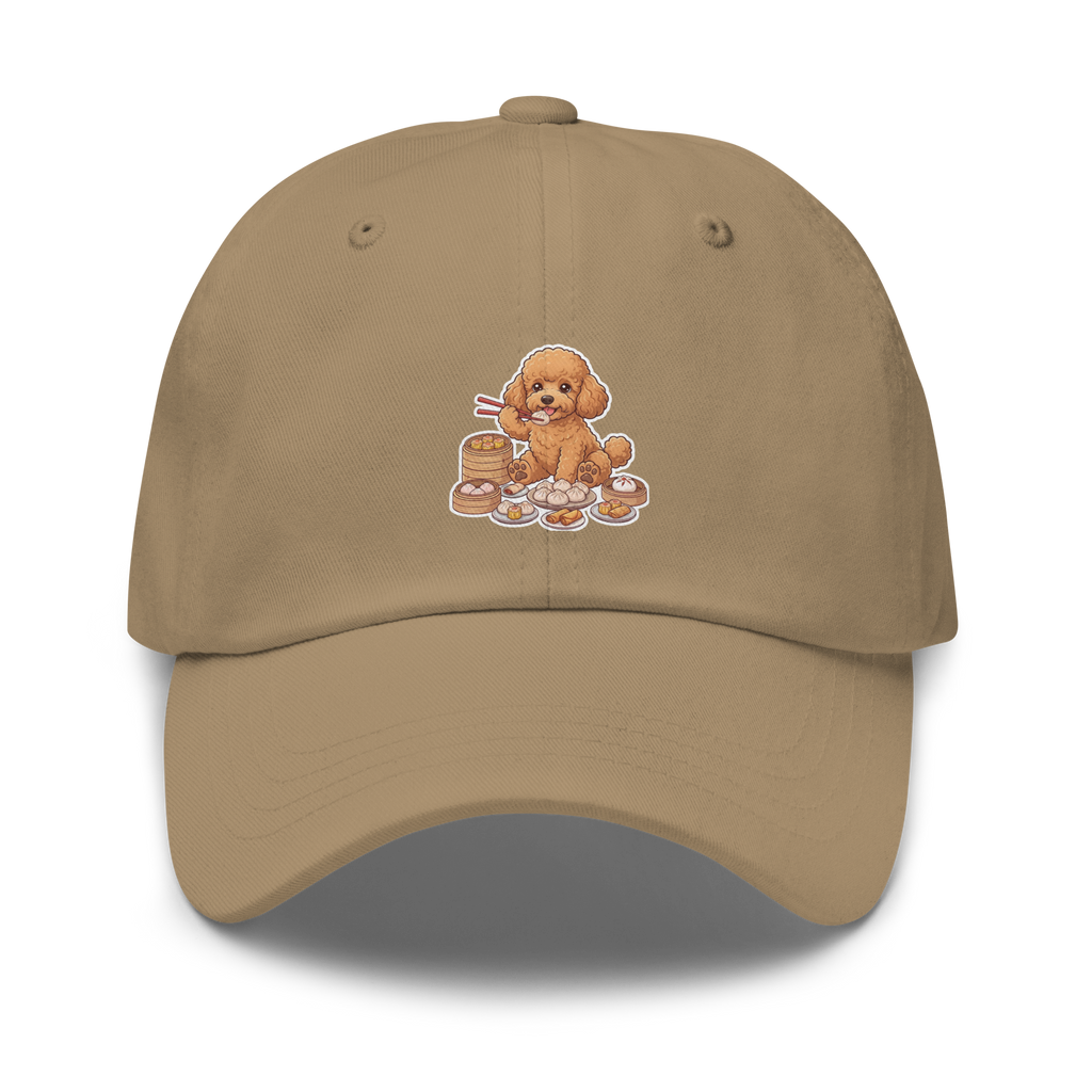 Dad hat: Golden poodle eating dim sum