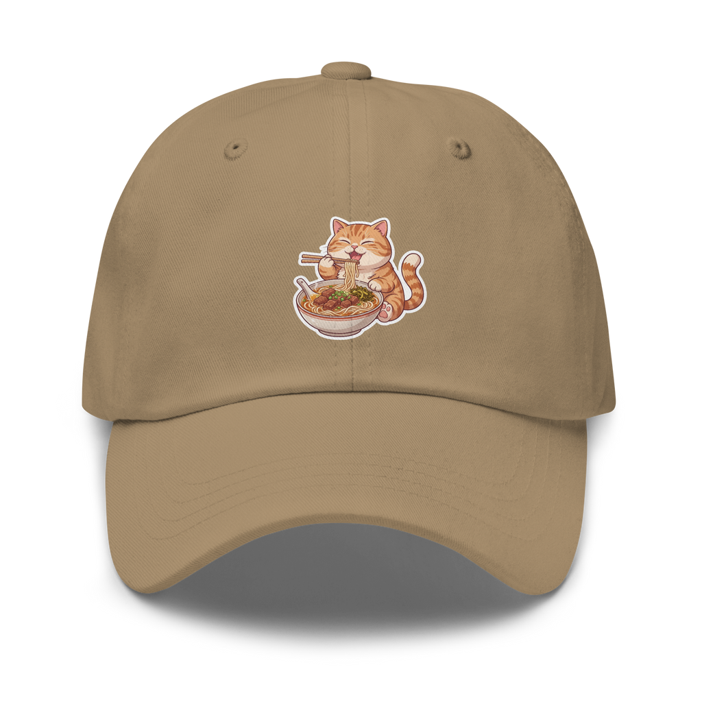 Dad hat: Orange cat eating noodles