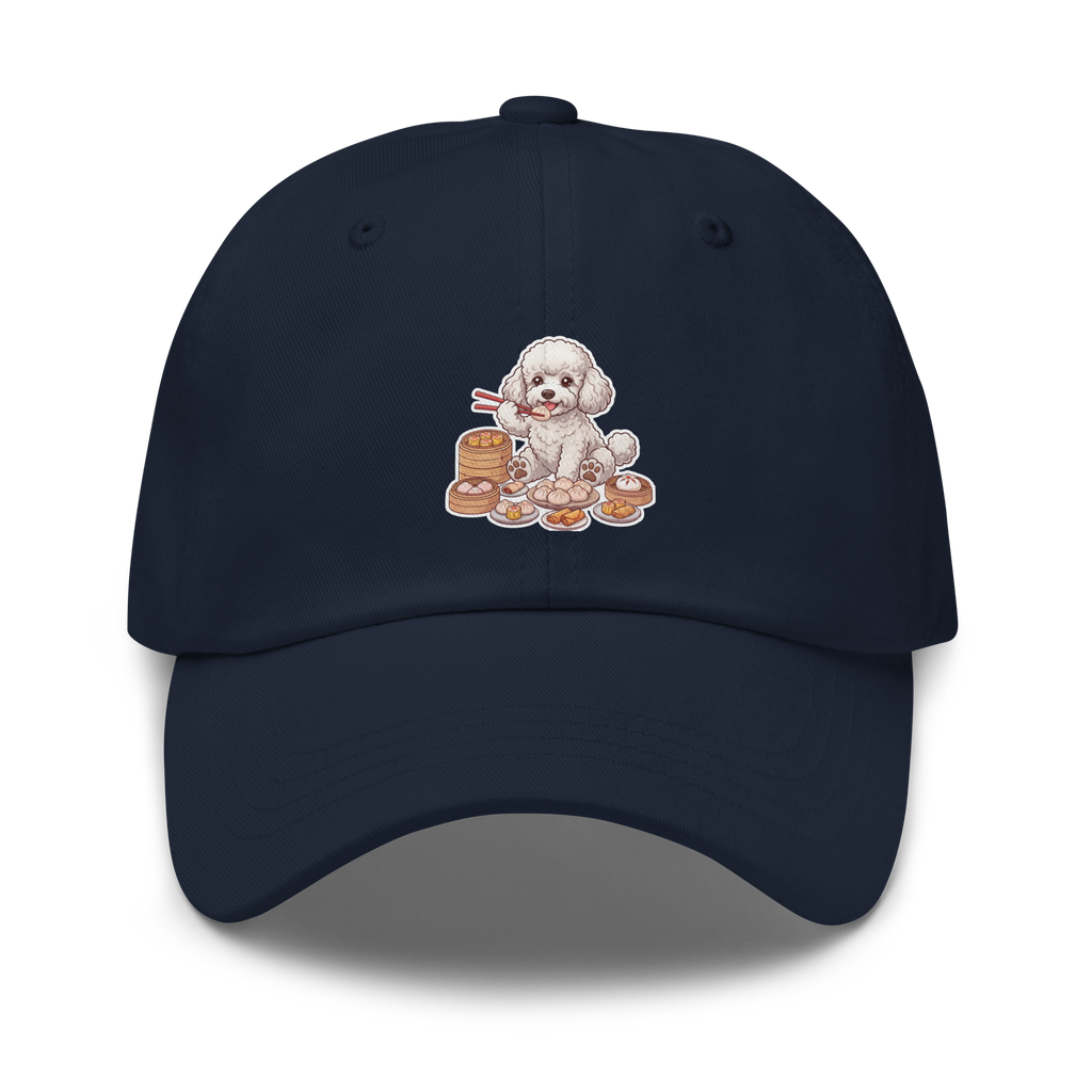 Dad hat: White poodle eating dim sum