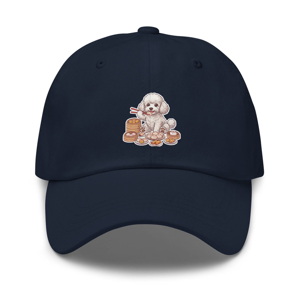 Dad hat: White poodle eating dim sum