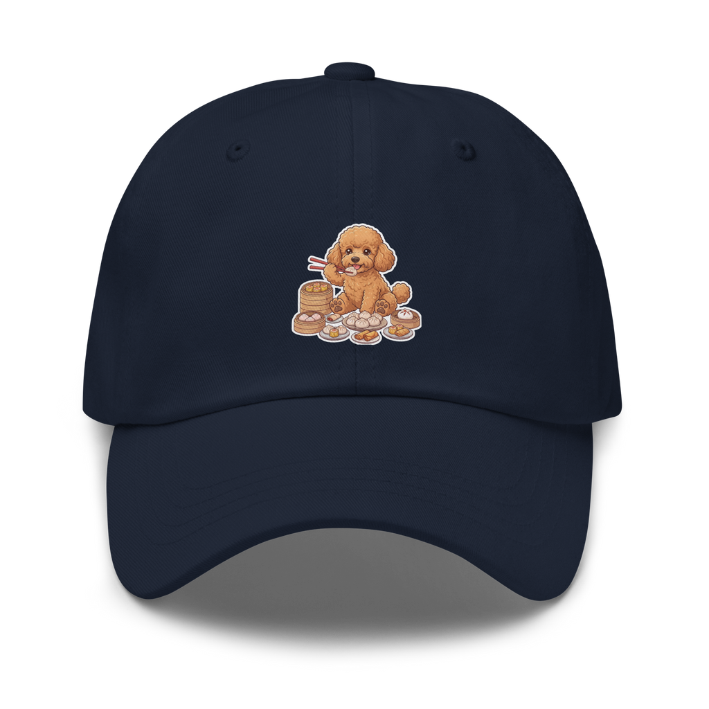 Dad hat: Golden poodle eating dim sum