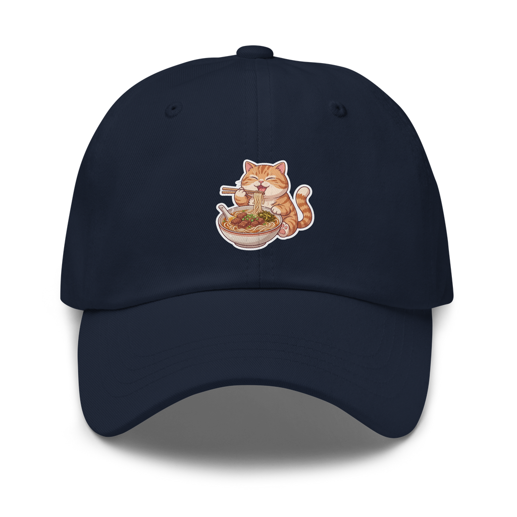 Dad hat: Orange cat eating noodles