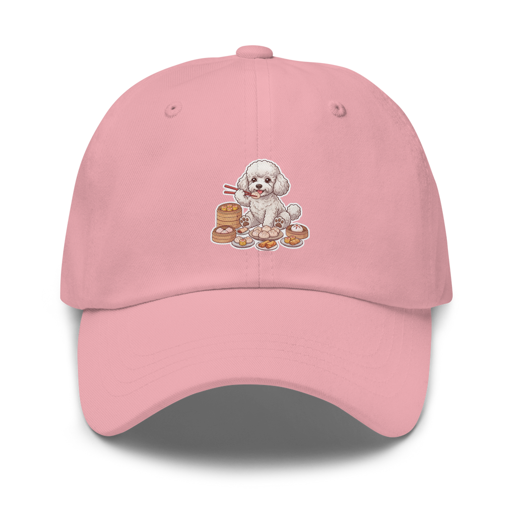 Dad hat: White poodle eating dim sum