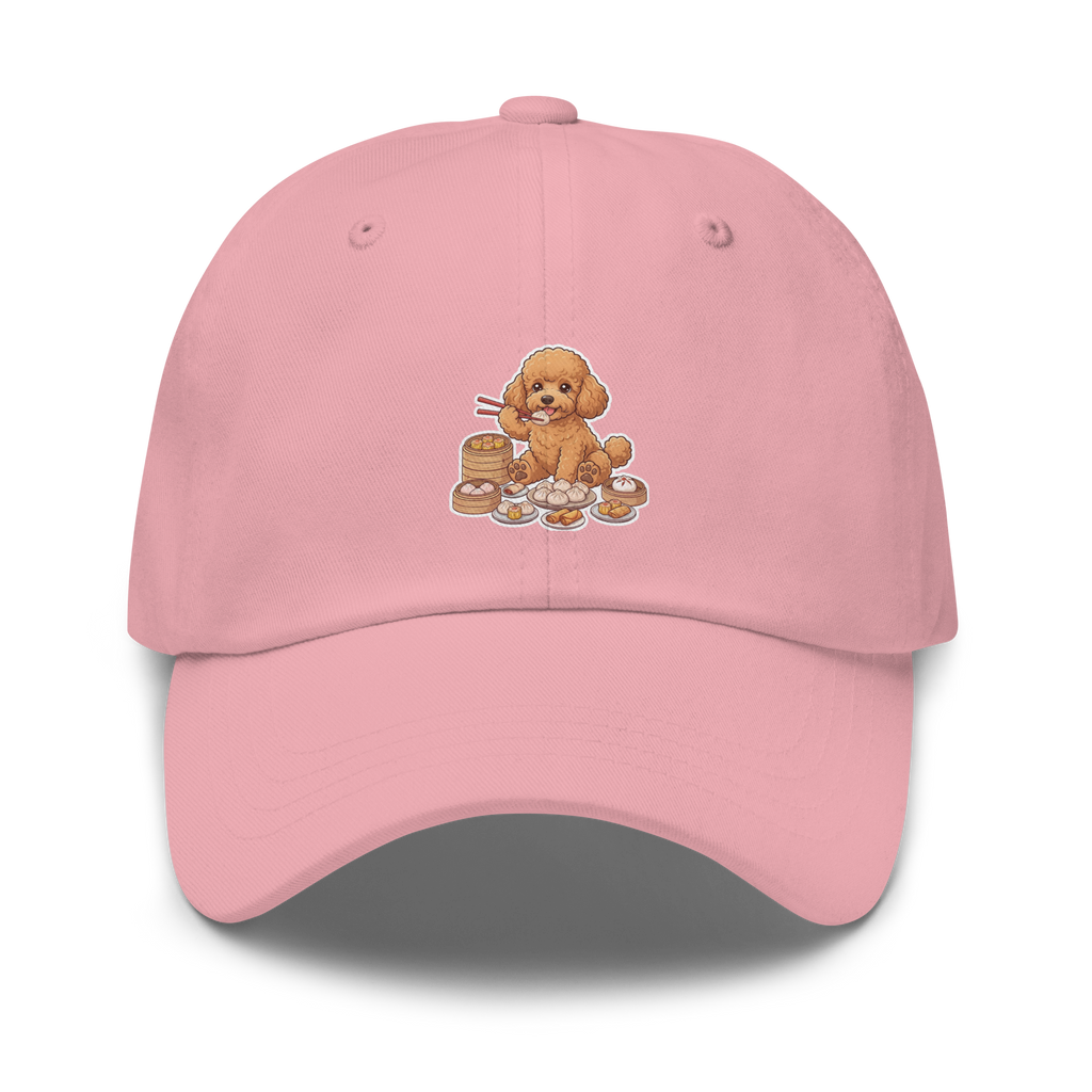 Dad hat: Golden poodle eating dim sum