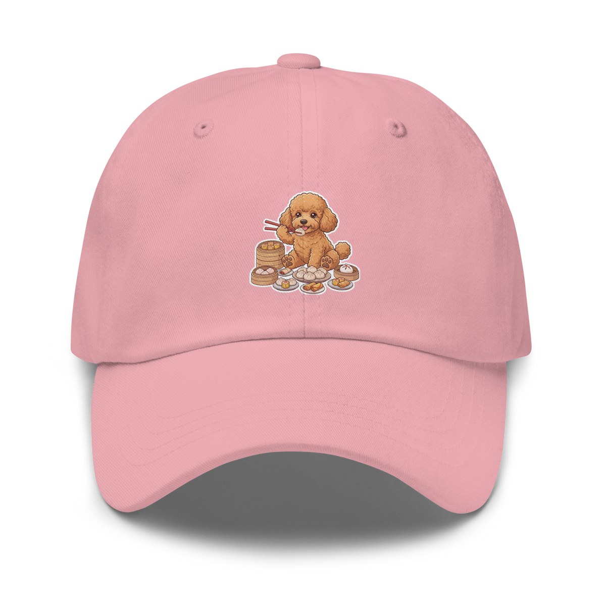 Dad hat: Golden poodle eating dim sum