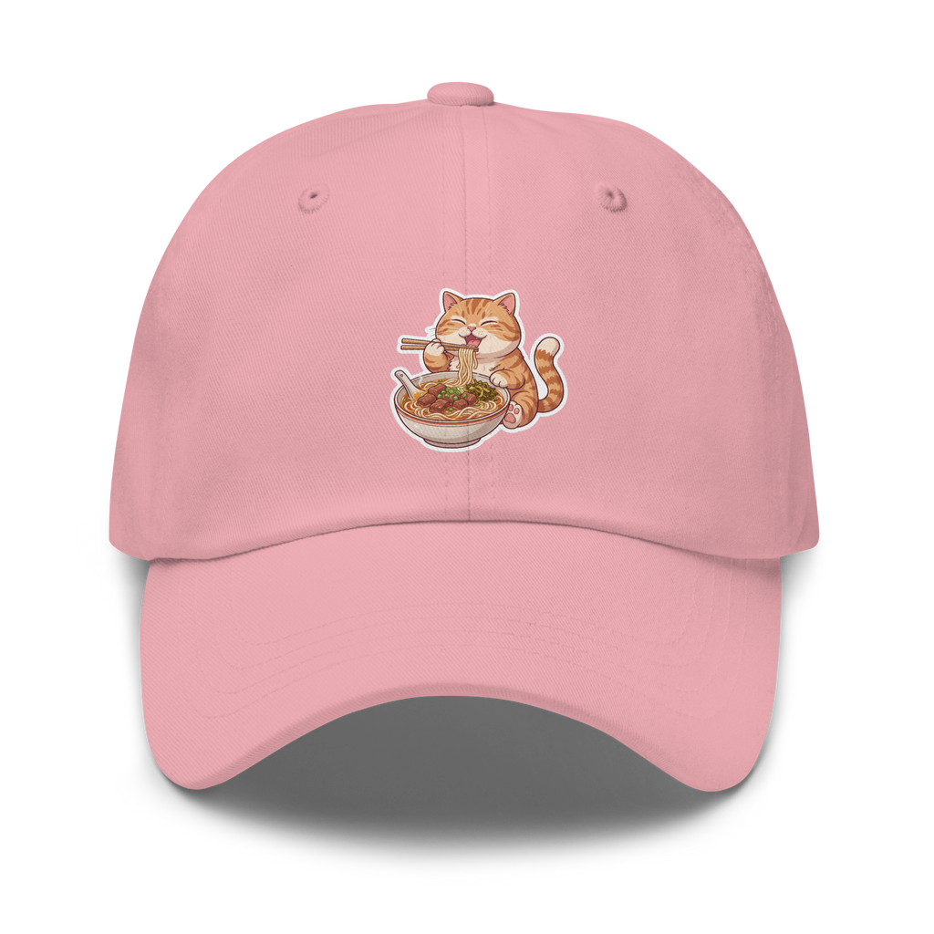 Dad hat: Orange cat eating noodles