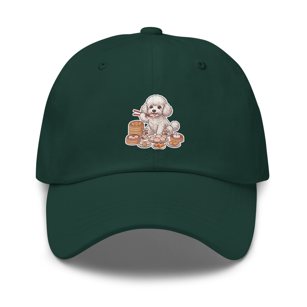 Dad hat: White poodle eating dim sum