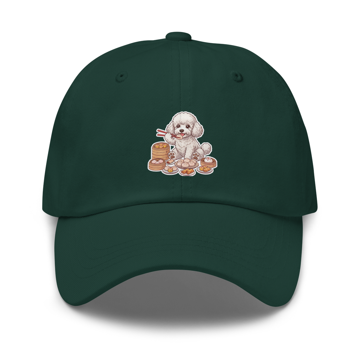 Dad hat: White poodle eating dim sum