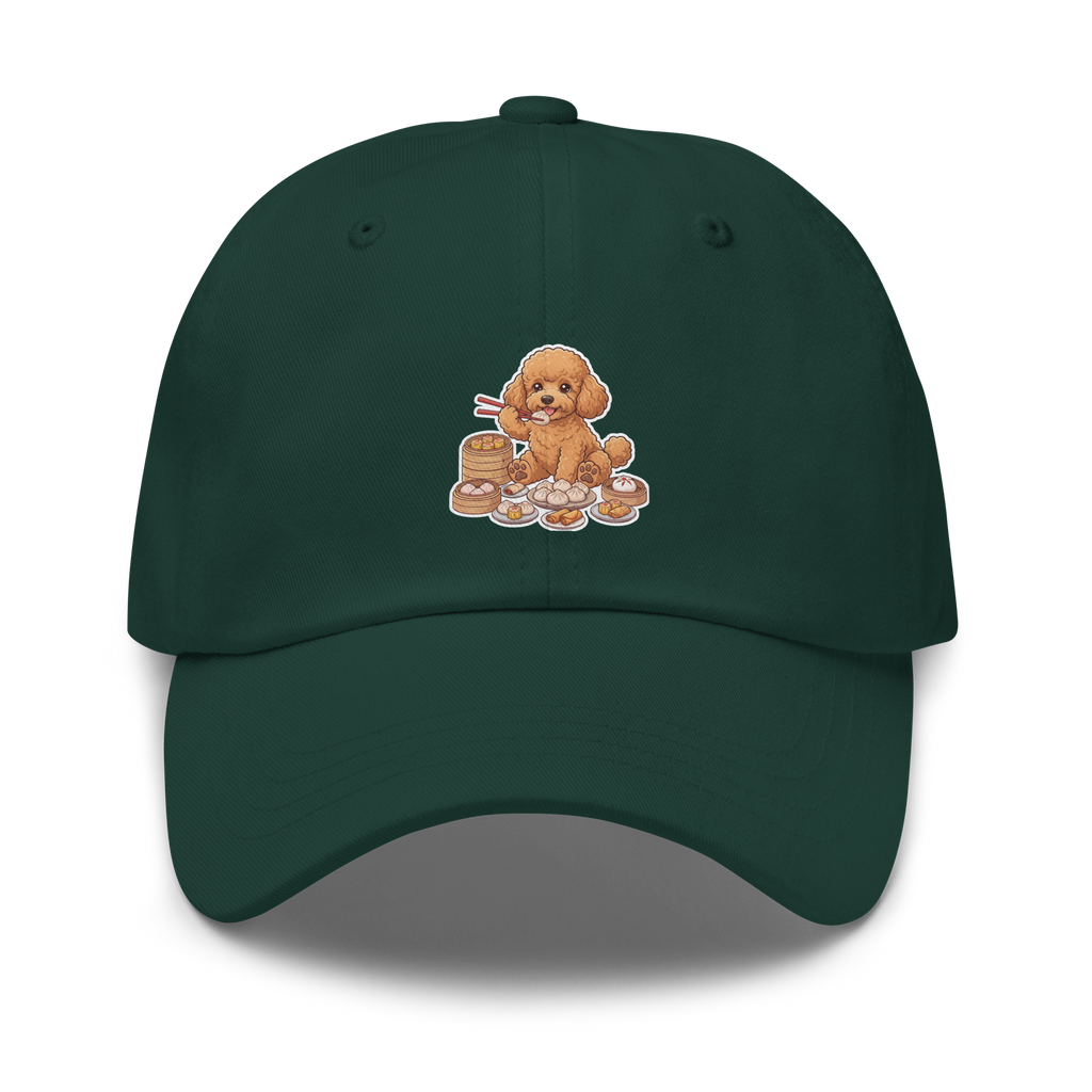 Dad hat: Golden poodle eating dim sum
