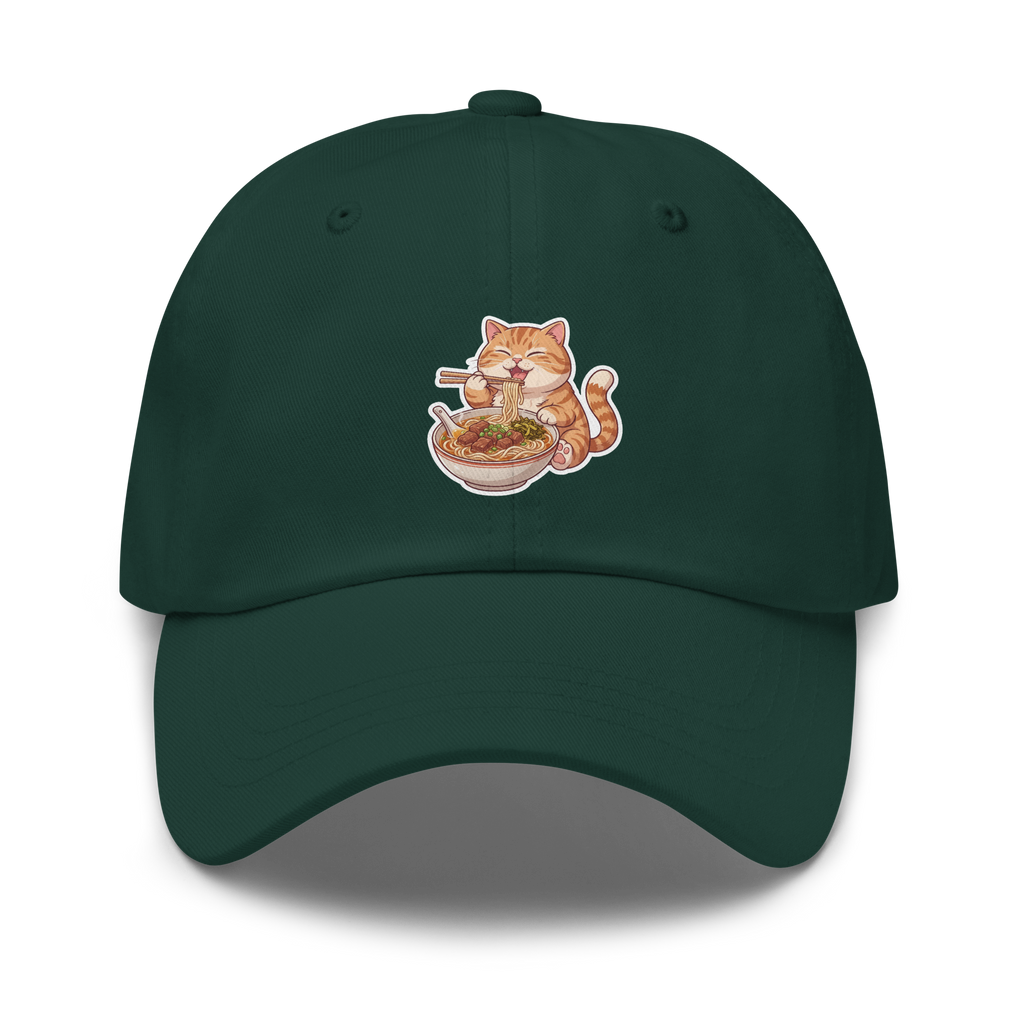 Dad hat: Orange cat eating noodles