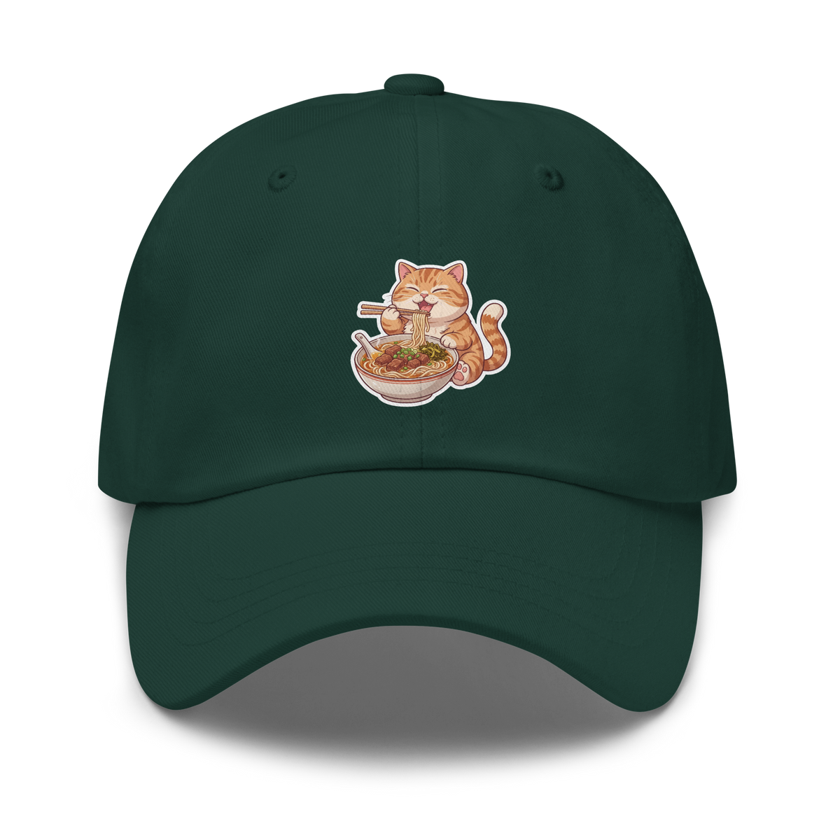 Dad hat: Orange cat eating noodles