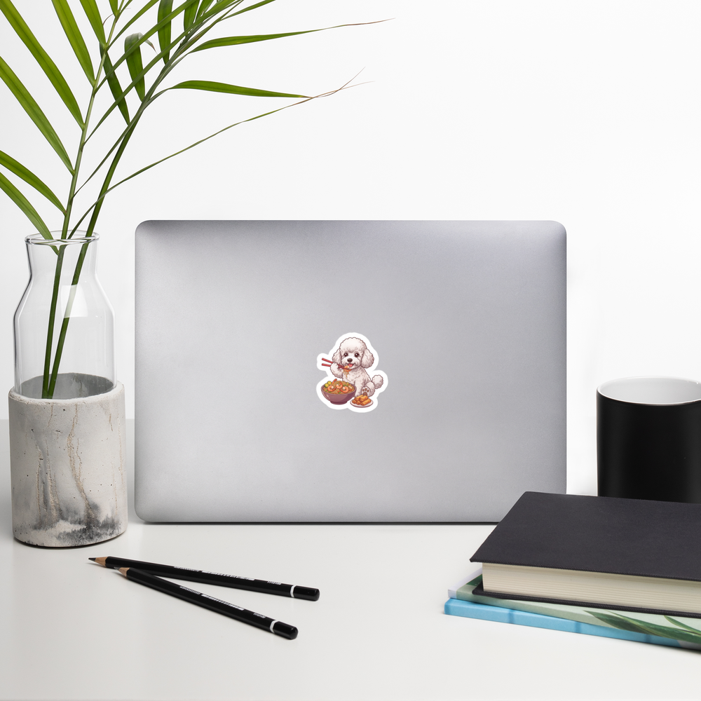 Bubble-free stickers: White poodle eating shrimp pancit