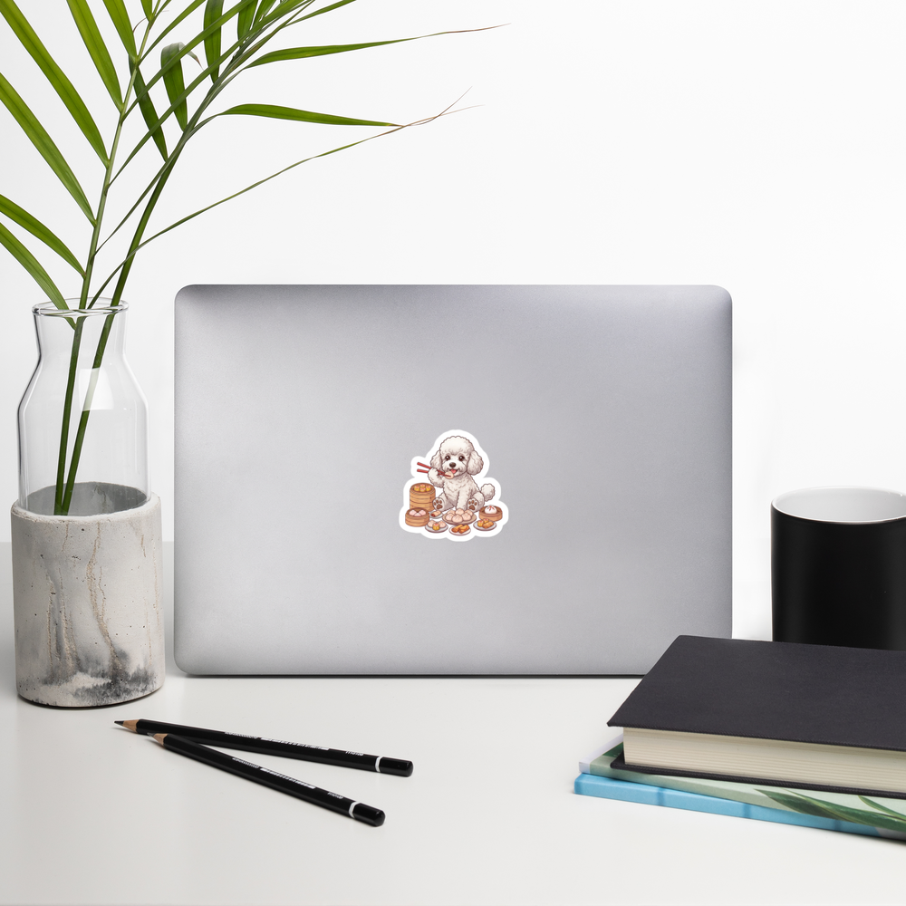 Bubble-free stickers: White poodle eating dim sum