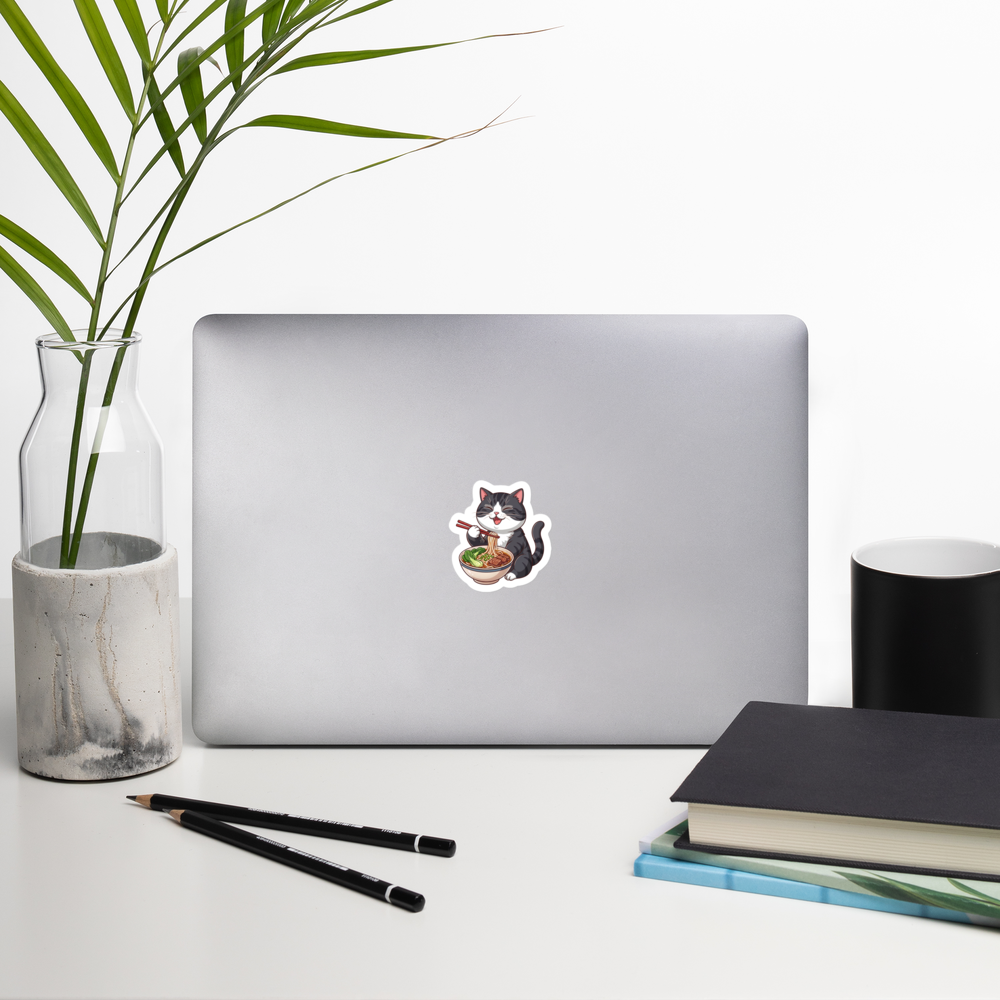 Bubble-free stickers: Black & white cat eating noodles