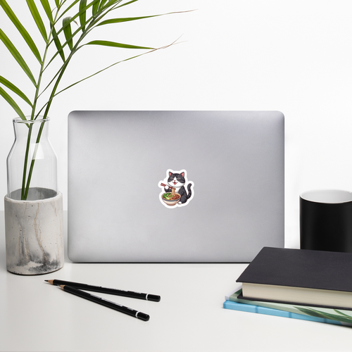 Bubble-free stickers: Black & white cat eating noodles
