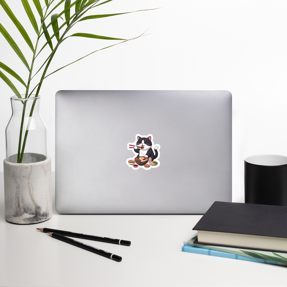 Bubble-free stickers: Black & white cat eating bibimbap