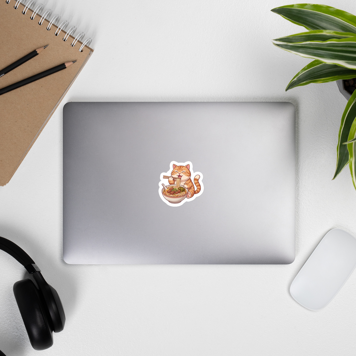 Bubble-free stickers: Orange cat eating noodles