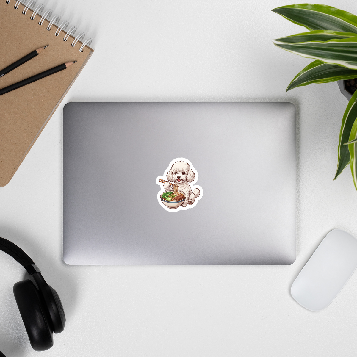 Bubble-free stickers: White poodle eating noodles