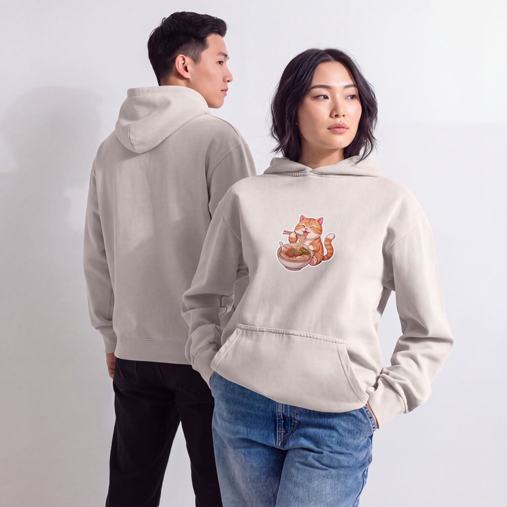 Urban garment-dyed hoodie: Orange cat eating noodles