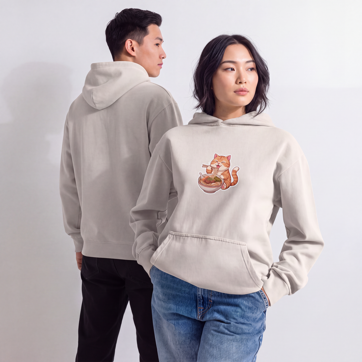 Urban garment-dyed hoodie: Orange cat eating noodles