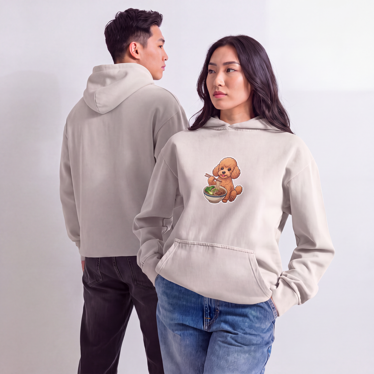 Urban garment-dyed hoodie: Golden poodle eating noodles
