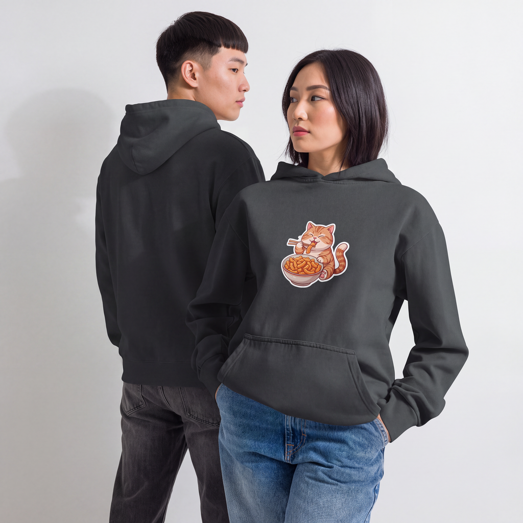 Urban garment-dyed hoodie: Orange cat eating cheesy snack