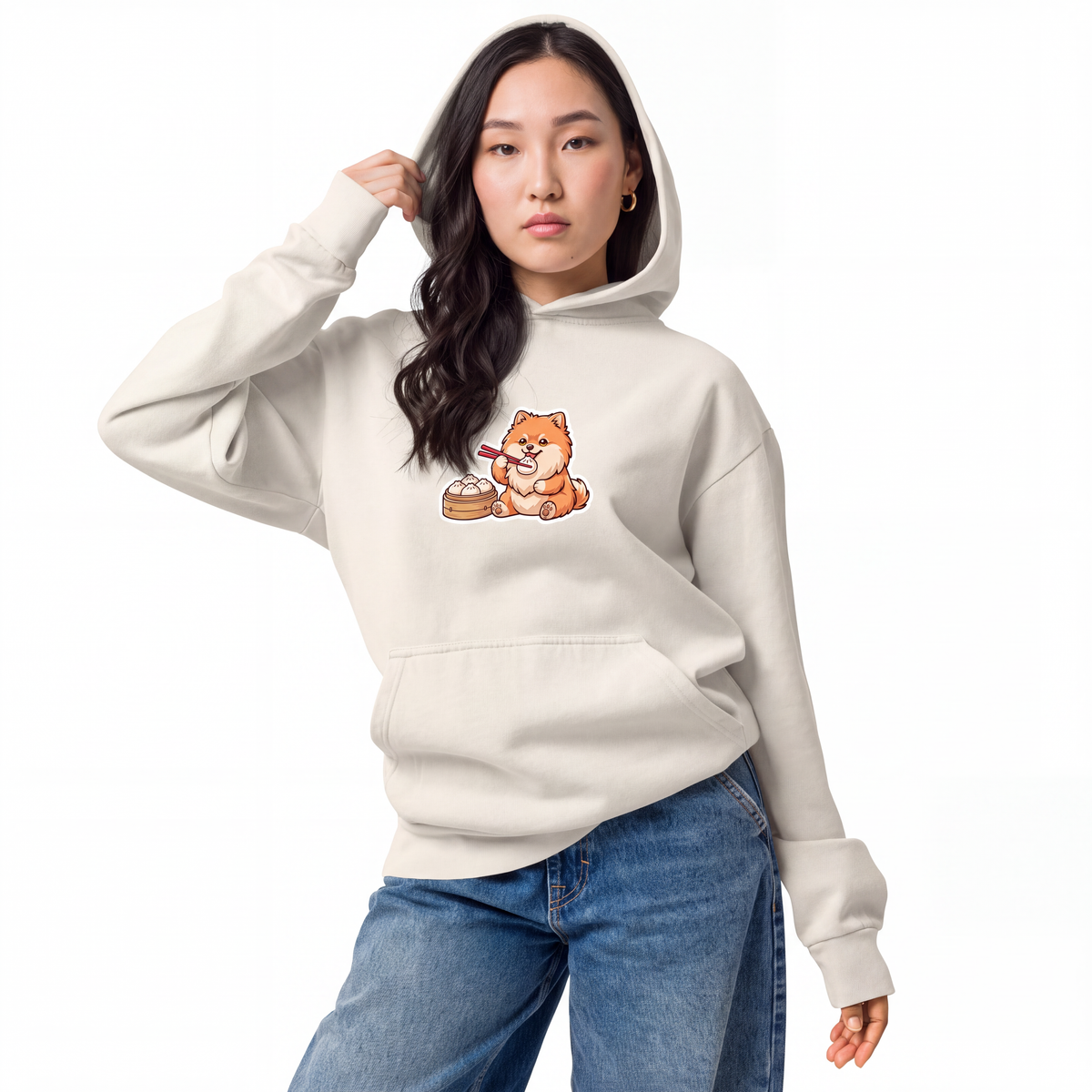 Urban garment-dyed hoodie: Pomeranian eating bao