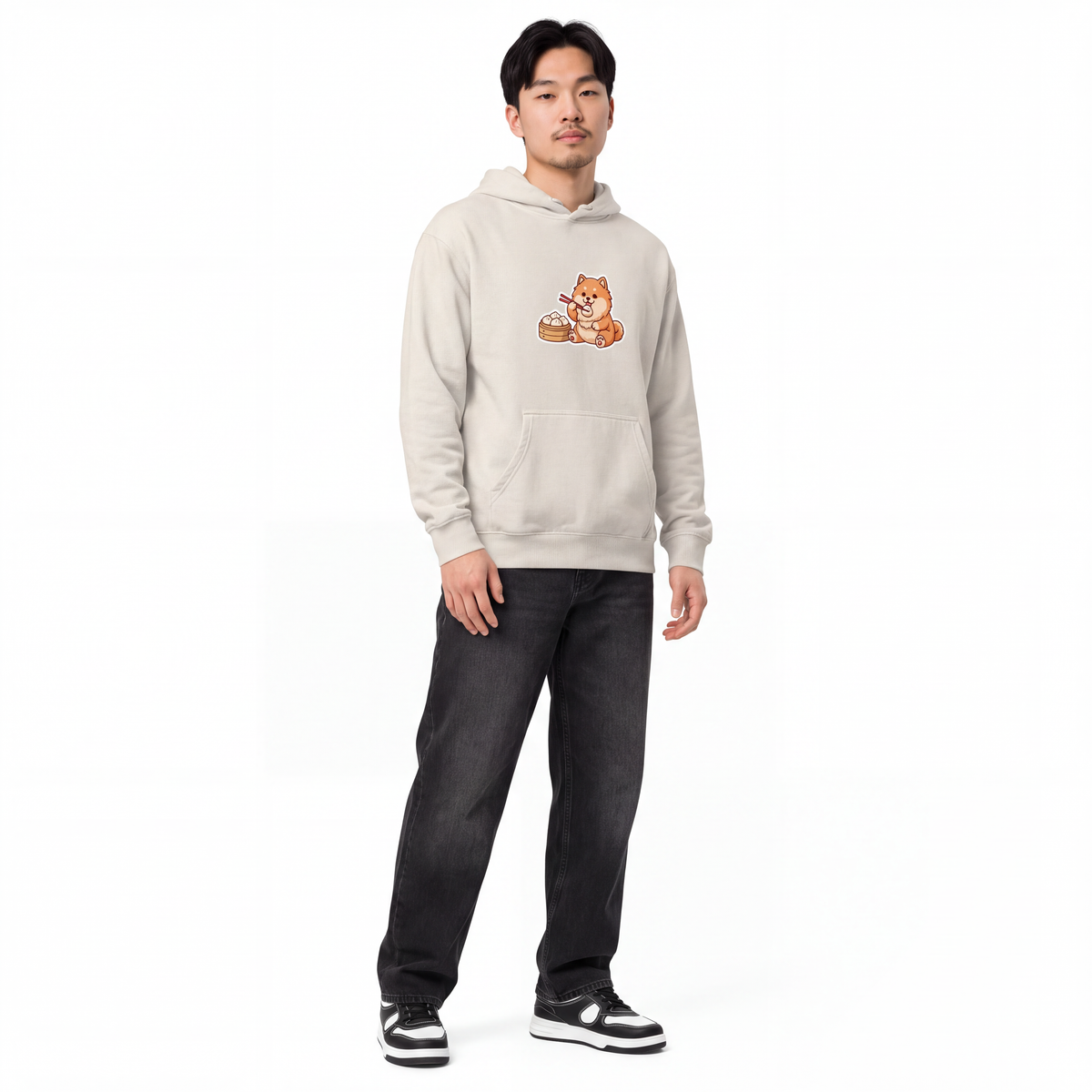 Urban garment-dyed hoodie: Pomeranian eating bao