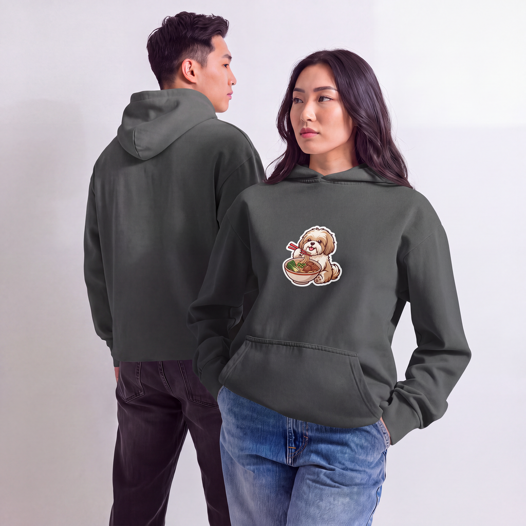 Urban garment-dyed hoodie: Shih Tzu eating noodles