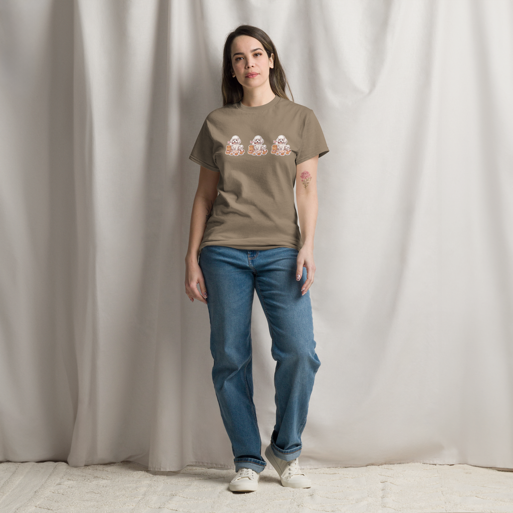 Unisex classic tee: White poodle eating dim sum