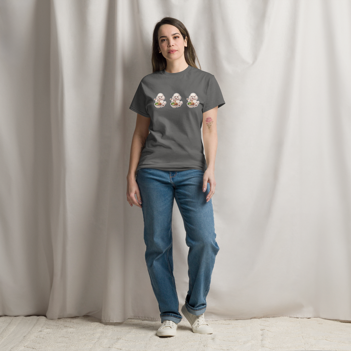 Unisex classic tee: White poodle eating noodles