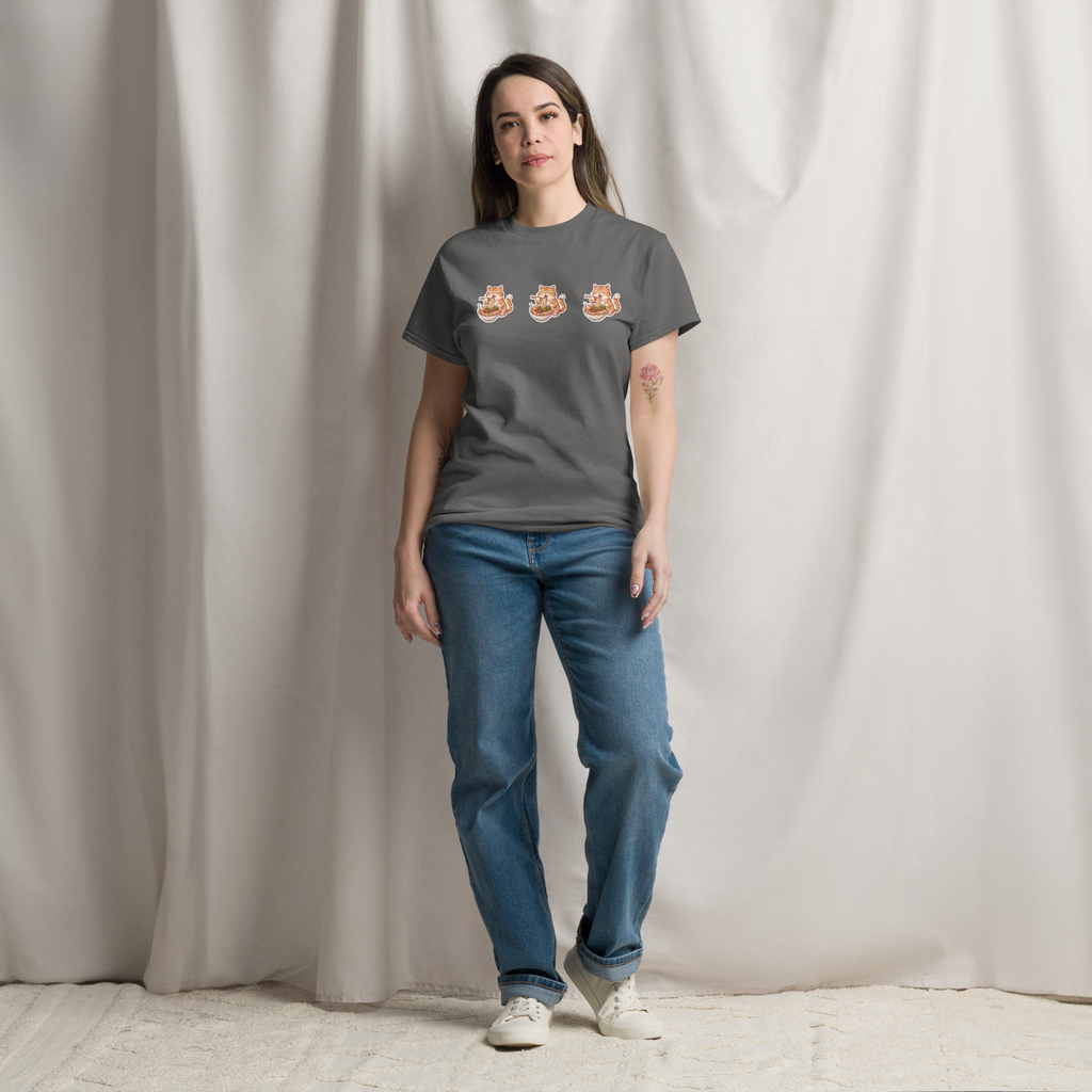 Unisex classic tee: Orange cat eating noodles