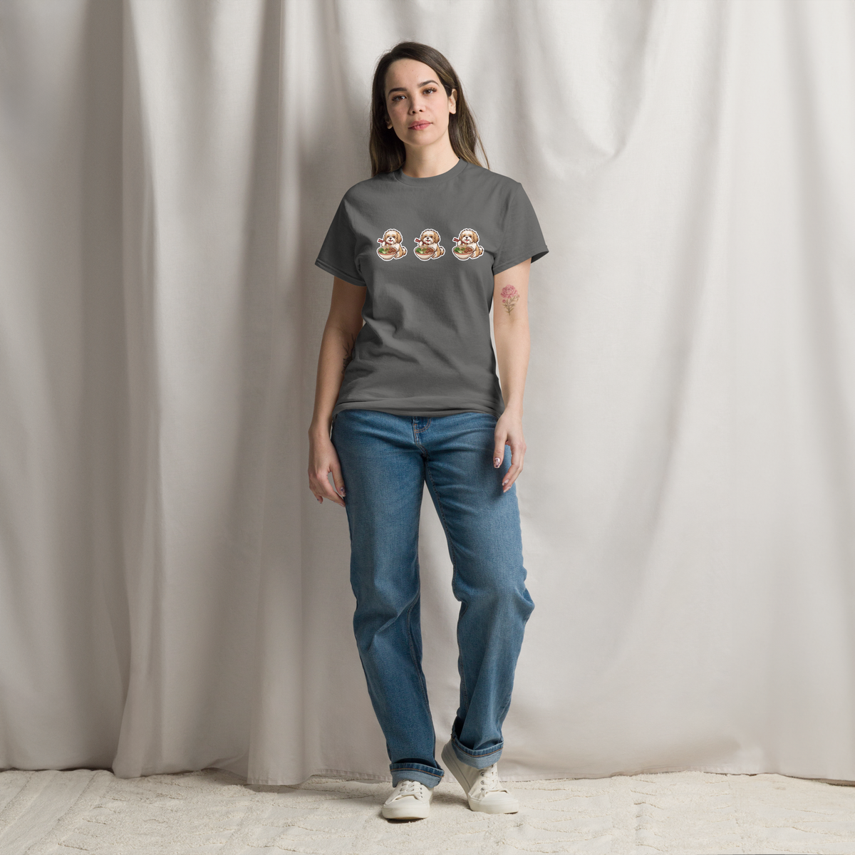 Unisex classic tee: Shih Tzu eating noodles