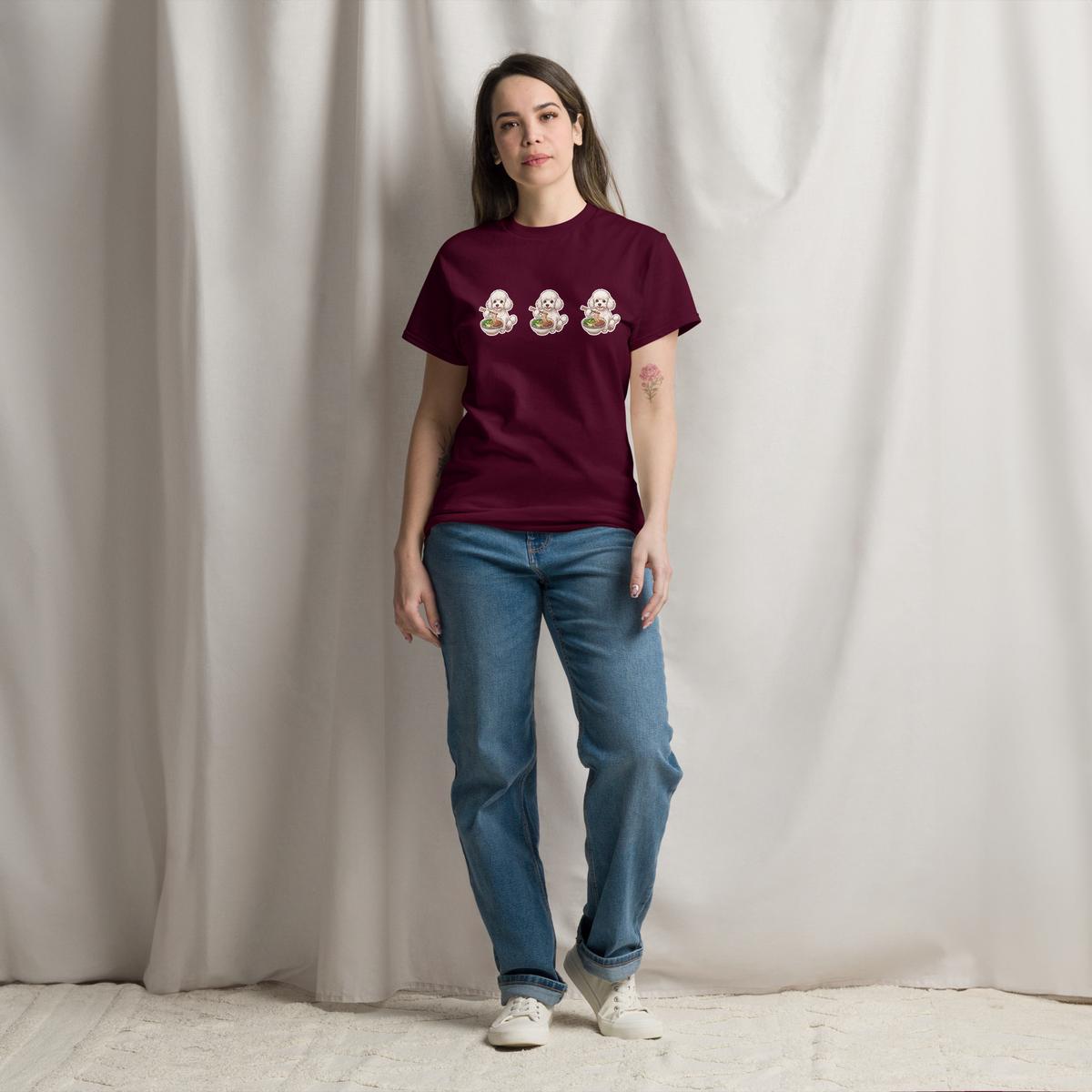 Unisex classic tee: White poodle eating noodles
