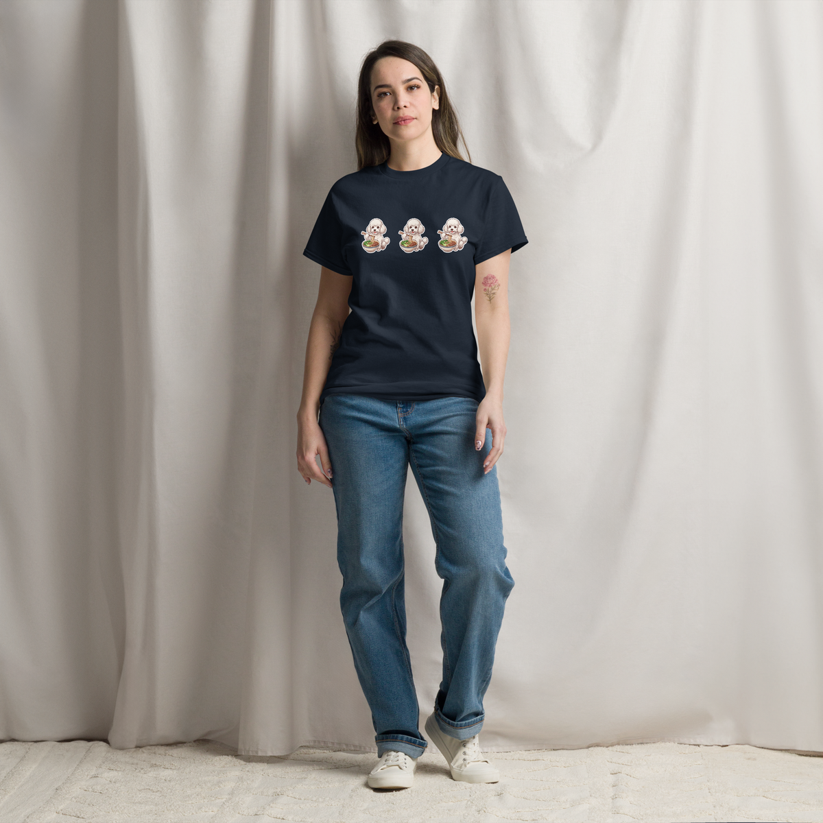 Unisex classic tee: White poodle eating noodles