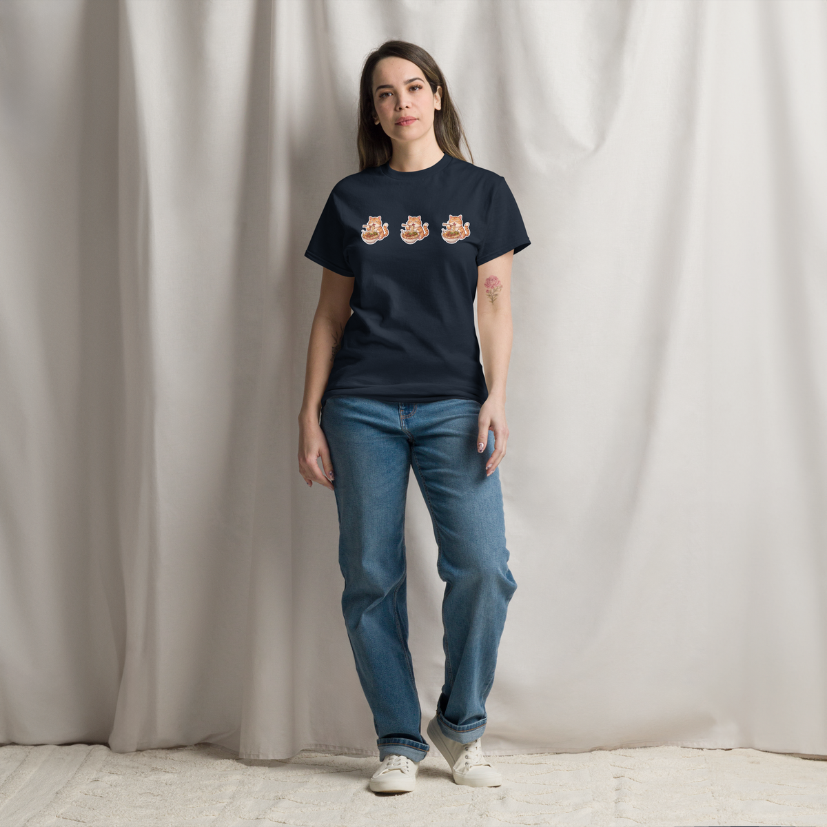 Unisex classic tee: Orange cat eating noodles