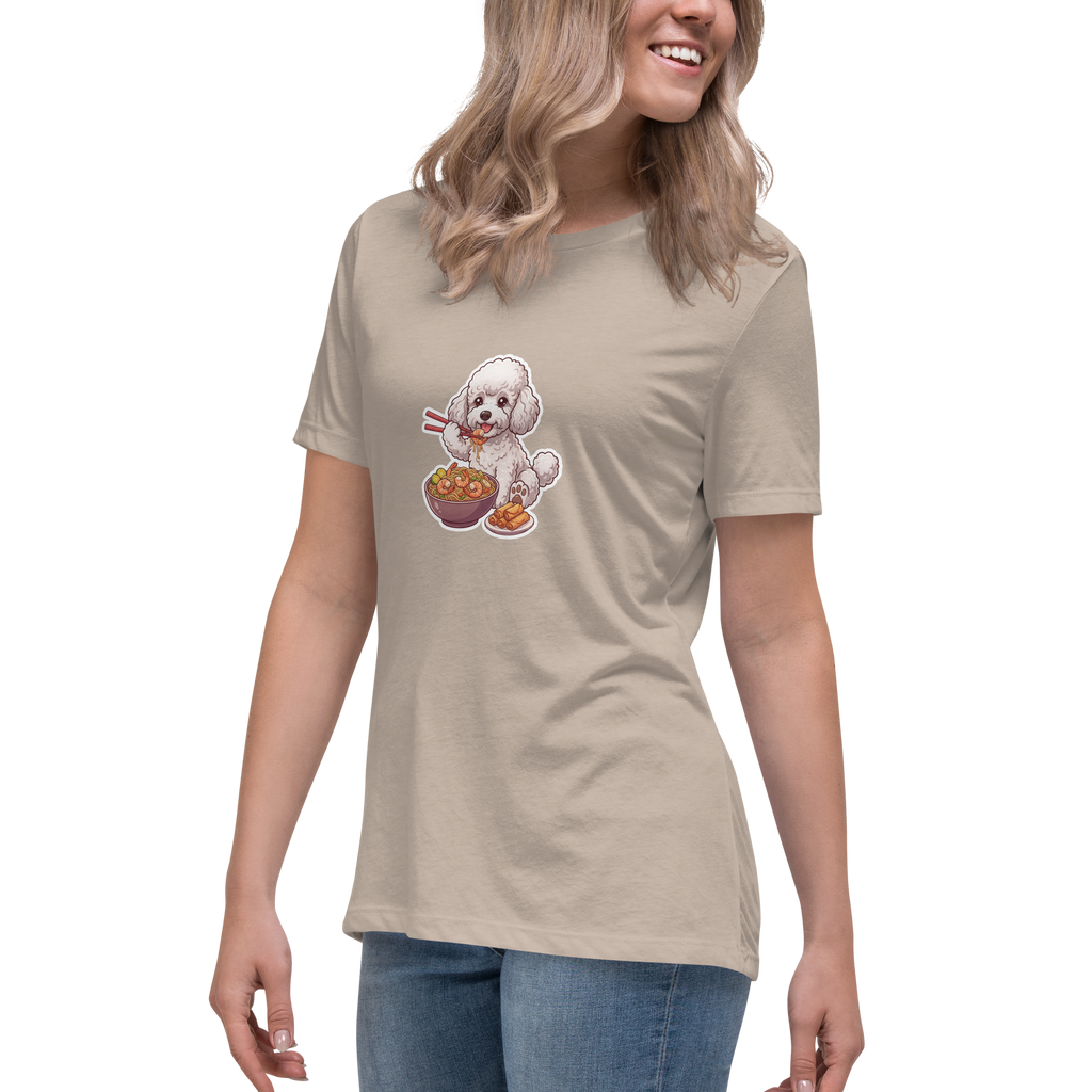 Women's Relaxed T-Shirt: White poodle eating shrimp pancit