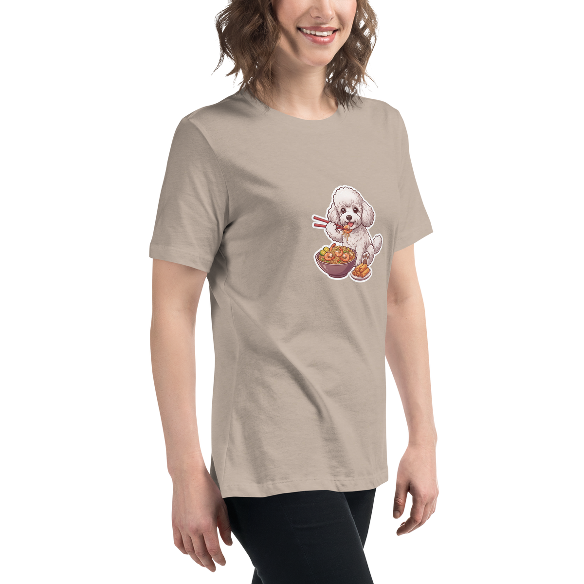 Women's Relaxed T-Shirt: White poodle eating shrimp pancit